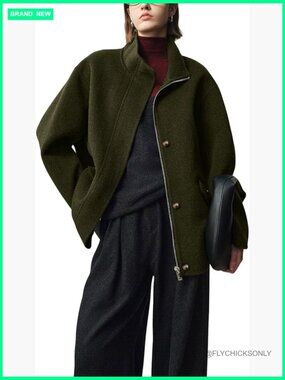 Women's Wool Pea Coat with Stand Collar, Zip Front, and Pockets